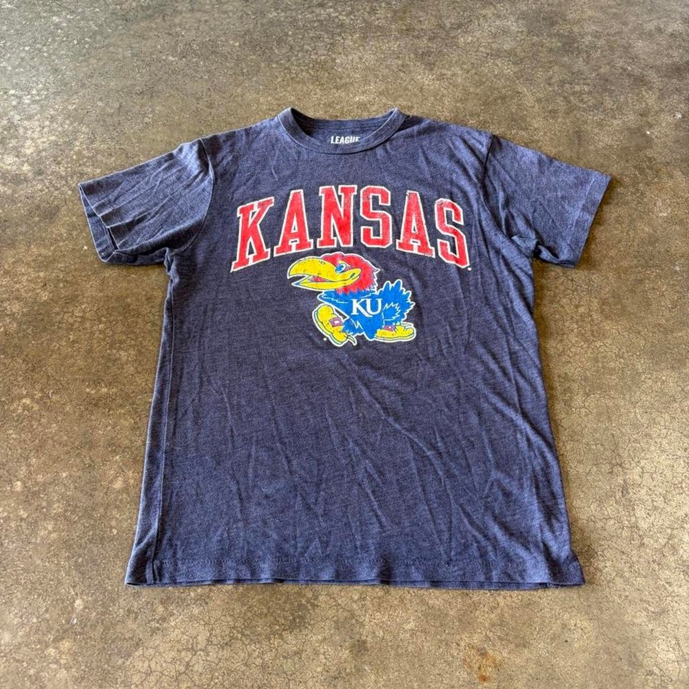 League Kansas Jayhawks T Shirt Mens Small Navy Blue Faded Ringer Graphic Tee